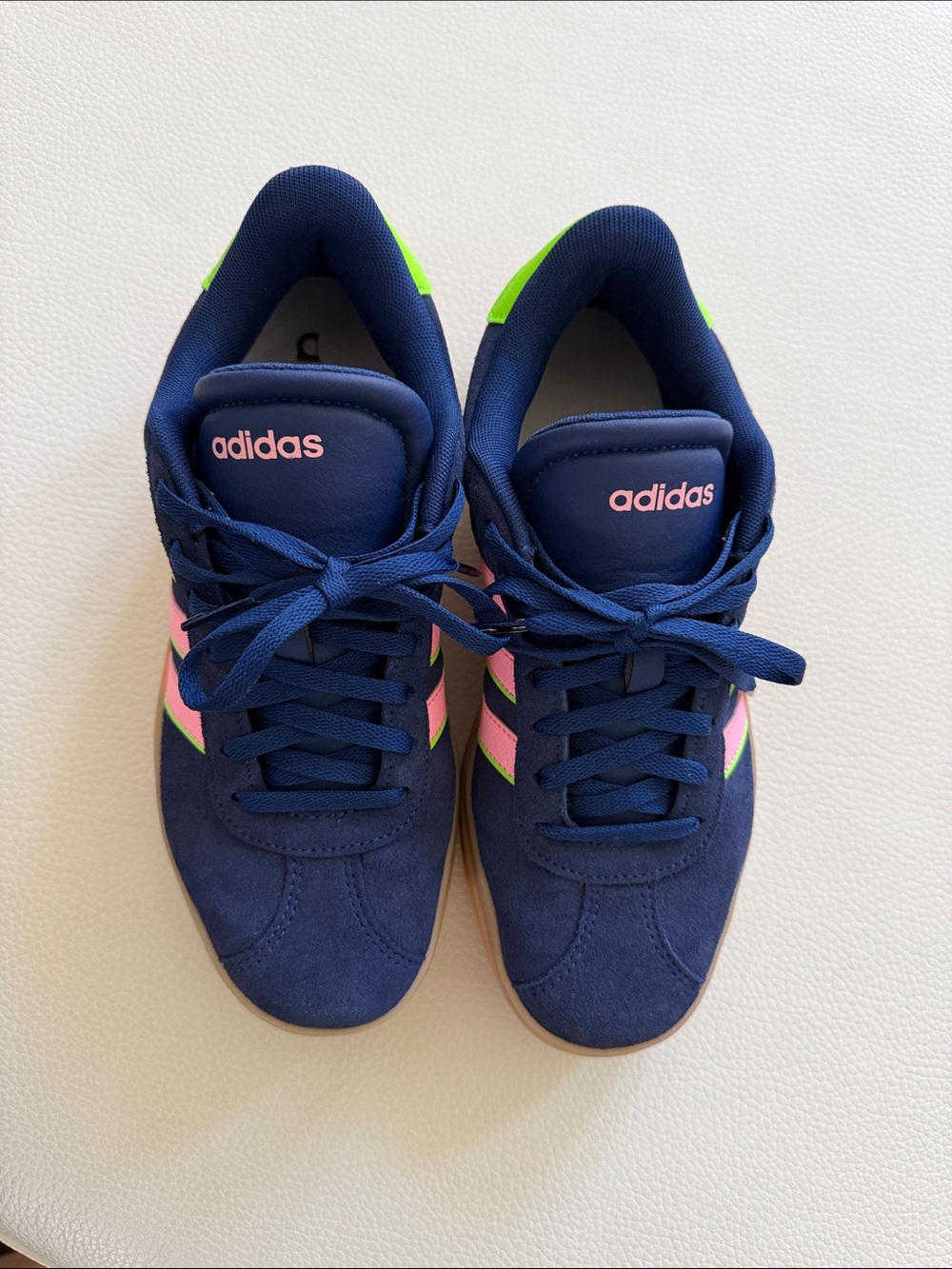 adidas Kids Navy Sneakers with Pink Stripes and Neon Green Heel